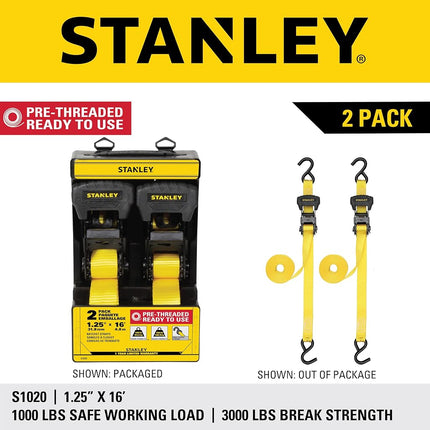 STANLEY S1020 1.25" x 16' Pre-Threaded Ratchet Straps - 1,000 LBS Safe Working Load / 3,000 LBS Break Strength, 2 Pack