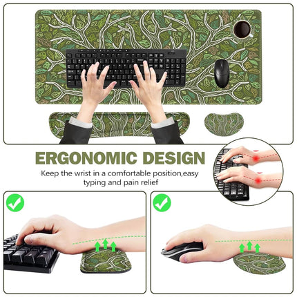 ToLuLu Desk Mat, Gaming Mouse Pad Wrist Support 4 in1 Set, XXL Large Mouse Pad + Keyboard Wrist Rest + Memory Foam Cushion Mouse Wrist Rest for Pain Relieve + Coaster Table Computer PC, Green Leaves