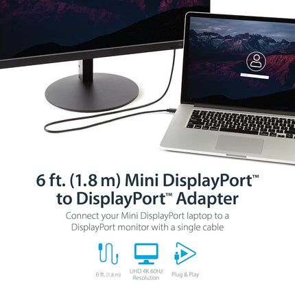 StarTech.com 6ft Mini DisplayPort to DisplayPort Cable - M/M - mDP to DP 1.2 Adapter Cable - Thunderbolt to DP w/ HBR2 Support (MDP2DPMM6), Black