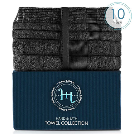 Hearth & Harbor 100% Ring Spun Cotton Bath Towels for bathroom - Luxury Bathroom Towels - Soft & Highly Absorbent Bath Towels Set, 10 Piece Set (2 Bath Towels, 2 Hand Towels, 6 Washcloths) - Black