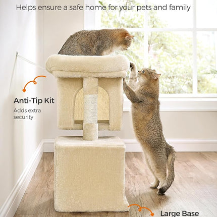 Feandrea Cat Tree Tower, 67 cm, S, Condo for Kittens up to 7 lb, Large Perch, 2 Caves, Scratching Post, Beige UPCT611M01