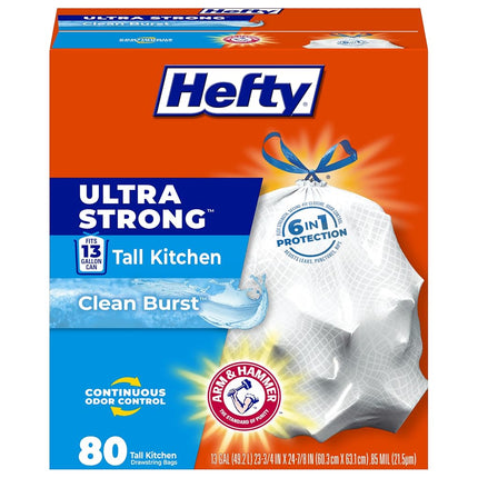 Hefty Ultra Strong Trash Bags (Clean Burst, Tall Kitchen Drawstring, 13 Gallon, 80 Count)