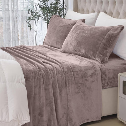 Elegant Comfort Luxuriously Soft 4-Piece Velvet Plush Flannel Sheet Set - Premium Quality - Cozy Warm, Anti-Static, Non Pilling Fuzzy Velvet Flannel Fleece Deep Pocket Sheet Set - Twin, Taupe