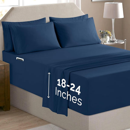 Elegant Comfort Luxury Soft 6-Piece 1500 Premium Hotel Quality Bed Sheet Set with Extra Deep Pockets 18-24 Inch, Wrinkle Free, Storage Pockets, Extra Deep Pocket 6PC Sheets, Full, Navy Blue