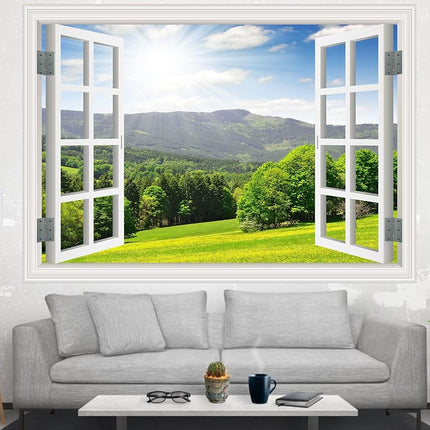 FLFK Fake Window Wall Sticker - Landscape Faux Window Wall Mural for Wall Decor, Stick and Peel Wall Decals, 80"x60", Set of 5 Sheets
