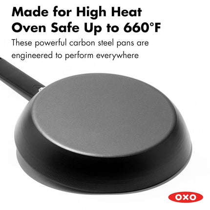 OXO Obsidian Pre-Seasoned Carbon Steel, 12" Frying Pan Skillet with Removable Silicone Handle Holder, Induction, Oven Safe, Black