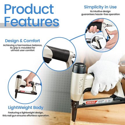 meite MT8016LN Pneumatic Staple Gun Extended Nose Upholstery Stapler Accepts 21 Gauge 12.8mm Crown Accepts 6-16mm, Air Stapler Gun for Furniture Sofa Fabric Bedding Cabinetry Woodworking