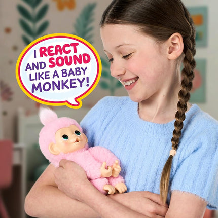 Little Live Pets Baby Monkey Minis – Luna Lemon. Interactive Pet Toy. 20+ Sounds & Reactions. Soft Pink Fur. 7.4" Tall. Feed, Nurture. React. Grippy Hands & Feet. Collect All 3
