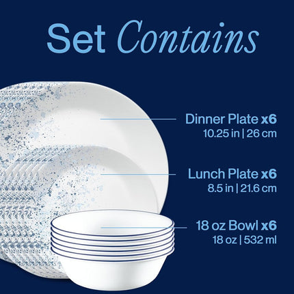 Corelle 18-piece Dinner Set, Indigo Speckle, Blue and White for 6, Chip Resistant Dinnerware, Includes 26cm Dinner Plates, 17cm Salad/Side Plates and 530ml Soup/Cereal Bowls