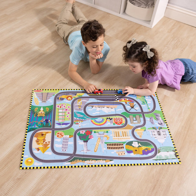 Melissa & Doug Race Around the World Tracks Cardboard Jigsaw Floor Puzzle and Wind-Up Vehicles | Educational Toys for Kids | Age 3+ - FSC Certified