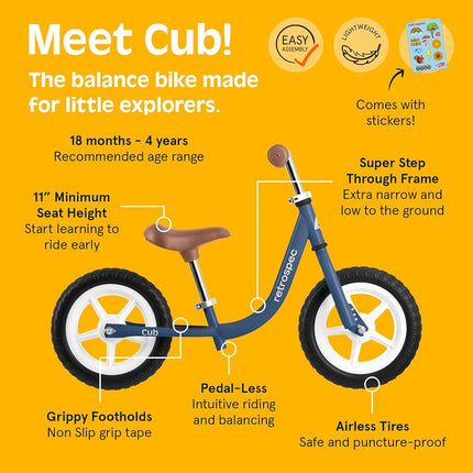Retrospec Cub 2 Bicicleta de Equilibrio de 12" para Niños Pequeños, 18 Meses - 3 Años, Bicicleta de Iniciación Sin Pedales para Niñas y Niños, Neumáticos sin Pinchazos, Asiento Ajustable y Cuadro Duradero