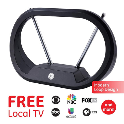 GE UltraPro Traditional Rabbit Ears Indoor Black TV Antenna, Dipoles, Weighted Base, Tabletop Antenna, Digital, HDTV Antenna, Smart TV Compatible, 4K 1080P VHF UHF, Compact Design, 33675