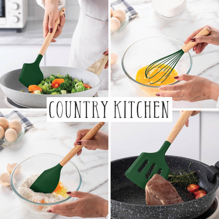 Country Kitchen Non Stick Silicone Utensil Set with Rounded Wood Handles for Cooking and Baking, 38 Piece Set, Green