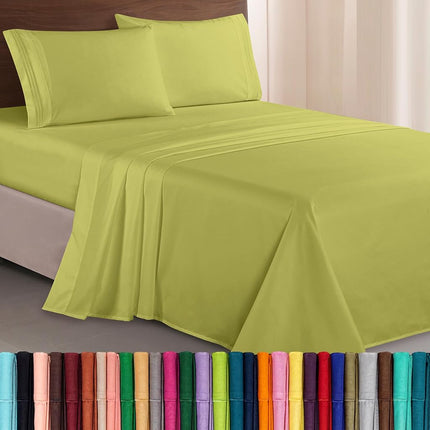 Elegant Comfort Luxurious Premium Hotel Quality Microfiber Three Line Embroidered Softest 4-Piece Bed Sheet Set, Wrinkle and Fade Resistant, King, Pistachio Green