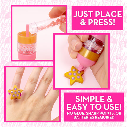Barbie Kit para Hacer Joyas Brillantes, Estuche de Almacenamiento, Kit para Hacer Anillos, Kit para Hacer Pulseras con Amuletos para Niñas, Juguete de Manualidades para Niñas de 6+ Años