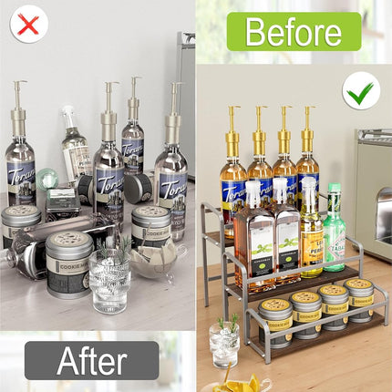 3-Tier Coffee Syrup Rack for Countertop, Large Capacity 12-Bottles Syrup Stand with Wood Shelf & Metal Frame for Coffee Bar, Premium Grey Coffee Organizer Station/Wine Rack for Kitchen Storage