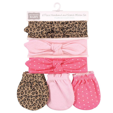 Hudson Baby Ensemble Bandeau et Moufles Anti-Rayures en Coton pour Bébés Filles, Léopard, 0-6 Mois