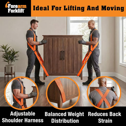 Harnais d'épaule Forearm Forklift – Modèle Original – Soulève et déplace meubles et appareils électroménagers, supporte jusqu'à 360 kg. Ensemble de harnais de déménagement, 2 harnais et 2 sangles centrales de 2,84 m de long chacune, 1 paquet, orange