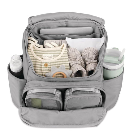 Skip Hop Diaper Bag Backpack with Portable Changing Pad Adjustable Pocket for 30 oz. Tumblers 9 Total Pockets Insulated Packing Cubes Luggage Sleeve & Stroller Straps Fits a 14” Laptop Forma Next Grey