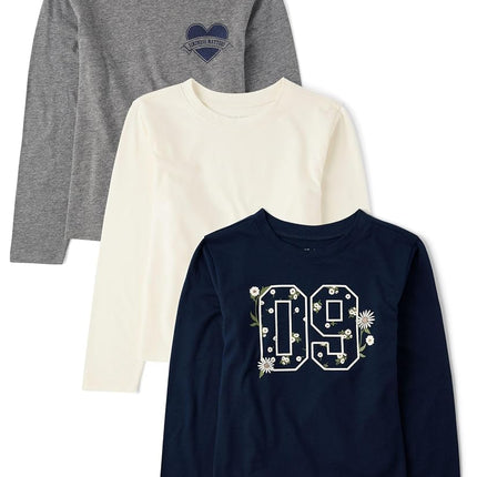 The Children's Place Girls' Long Sleeve Knit Fashion Shirt, Blue/Cream/Grey 3-Pack, Small