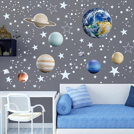 Estrellas que brillan en la oscuridad, pegatinas de pared de la Tierra, pegatinas de pared del sistema solar para dormitorio, decoración de planetas para techo de cuarto de bebé (azul)