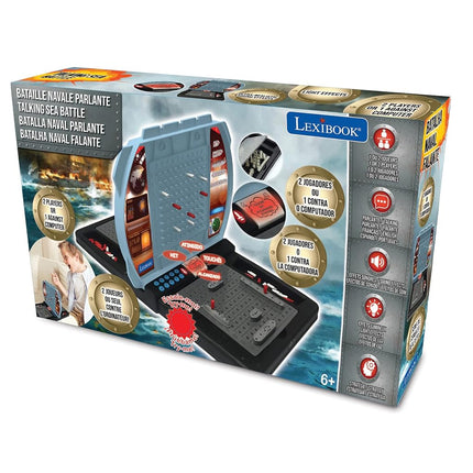 Lexibook Batalla Naval Parlante (francés, inglés, español, portugués), juego de mesa electrónico 1 o 2 jugadores, interactivo, efectos de luz y sonido, estrategia, funciona con pilas, gris/negro, GT2800US