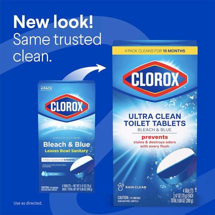 Clorox Bleach & Blue Nettoyant Automatique pour Cuve de Toilettes Parfum Pluie, 4 unités, Bleach & Blue, 4 unités