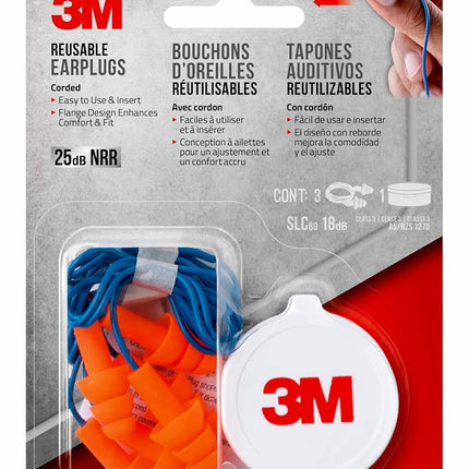 3M Corded Reusable Earplugs, 3 Pack, Noise Reduction Rating (NRR) 25 dB, Easy to Use & Insert, Pliable & Tri-Flange Design Enhances Comfort & Fit, Orange Ear Plugs (90716H3-DC), 3 Pair (Pack of 3)