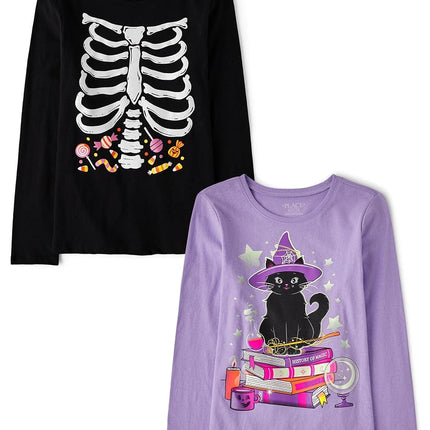 The Children's Place Girls' All Holidays Long Sleeve Graphic T-Shirts,multipacks, Skeleton Ribcage/Cat Books 2-Pack, XX-Large