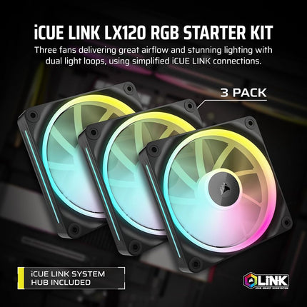 Corsair iCUE LINK LX120 RGB 120mm PWM Fans Triple Pack – Dual Light Loops – Includes iCUE LINK System Hub AirGuide Technology – Black