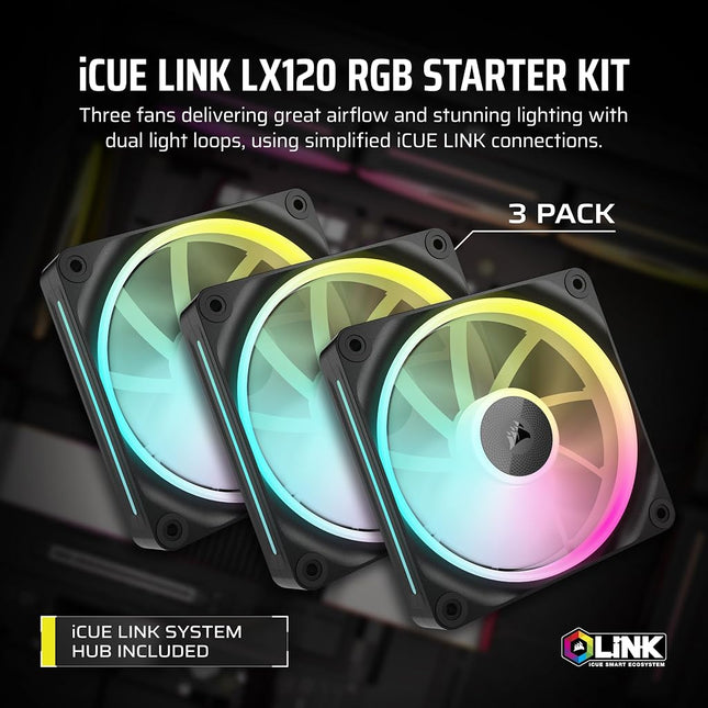Corsair iCUE LINK LX120 RGB 120mm PWM Fans Triple Pack – Dual Light Loops – Includes iCUE LINK System Hub AirGuide Technology – Black