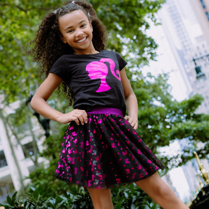 Barbie Girls Camiseta con estampado metálico y falda de malla de tul para niñas pequeñas a mayores, Negro/Película rosa, 6
