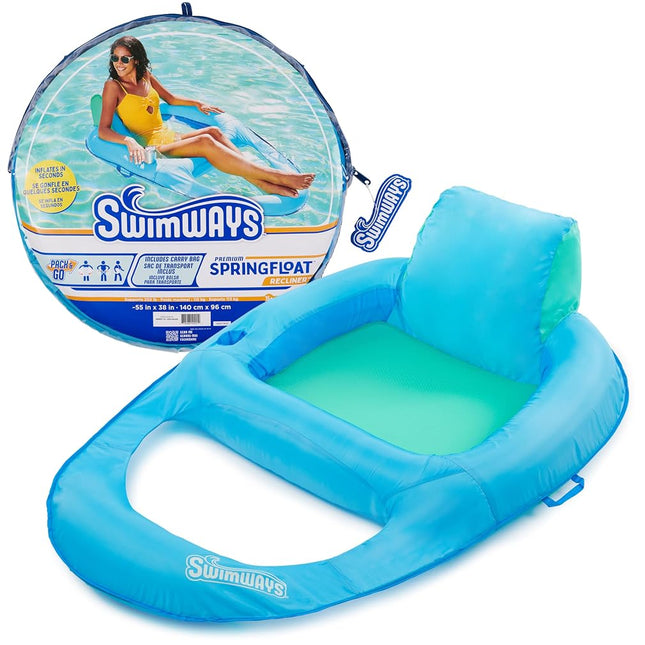 SwimWays Spring Float Premium Recliner Pool Lounger, Inflatable Pool Floats Adult with Fast Inflation for Ages 15 & Up, Sky Blue
