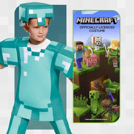 Disguise Official Deluxe Minecraft Costume Kids, Diamond Armour Minecraft Costume Fancy Dress Up Outfit, Halloween Birthday World Book Day Costumes for Boys Children Large