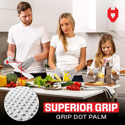 NoCry Cut Resistant Gloves with Grip Dots - High Performance Level 5 Protection, Food Grade. Size Extra Large, Complimentary Ebook Included!