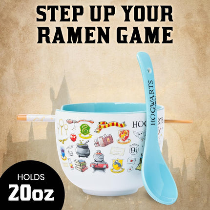 Silver Buffalo Harry Potter Hogwarts Iconic Icons Ceramic Ramen Noodle Rice Bowl with Chopsticks and Spoon, Microwave Safe, 20 Ounces