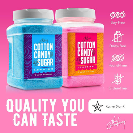 The Candery Cotton Candy Floss Sugar 32oz (2-Pack) Includes | Raspberry Blue and Strawberry | Plastic, Reusable Jars | Easy Pour Spout or Scoop | 2 LBS Jars