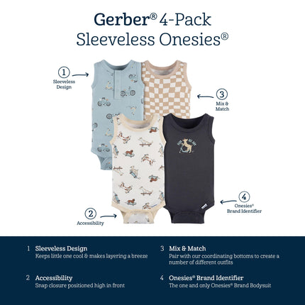 Gerber Baby Boys Multi-pack Sleeveless Onesies Bodysuit, Blue Bike, 3-6 Months