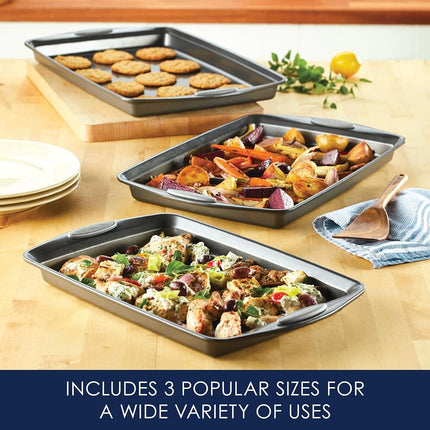 Juego de utensilios para horno antiadherentes Rachael Ray con mangos, bandejas para hornear galletas antiadherentes - 3 piezas, gris con mangos gris sal marina