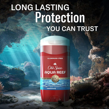 Old Spice Men's Deodorant Aluminum-Free Aqua Reef, 3.0oz Pack of 3 with Travel-Sized Swagger Body Wash, RED