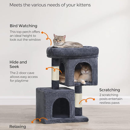 Feandrea Cat Tree Tower, 67 cm, S, Condo for Kittens up to 7 lb, Large Perch, 2 Caves, Scratching Post, Smoky Gray UPCT611G01