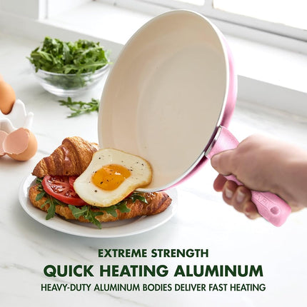 GreenPan Rio 8" Frying Pan Skillet and Spatula Set, Soft Grip Handle, PFAS-Free, Dishwasher Safe, Oven Safe, Pink