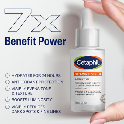 Cetaphil Vitamin C Serum, Visibly Reduces the Appearance of Dark Spots and Hyperpigmentation, Formula with Niacinamide, Developed for Sensitive Skin, Without White Fri 30 ml Liquid