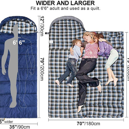 REDCAMP Cotton Flannel Sleeping Bag for Adults, XL 32F Comfortable, Envelope with Compression Sack Blue 2lbs(95"x35")