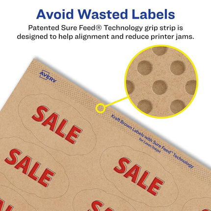 Avery Kraft Brown Oval Scalloped Labels with Sure Feed, 1-1/8" x 2-1/4", 1,050 Kraft Brown Labels, Print-to-The-Edge, Laser/Inkjet Printable Labels