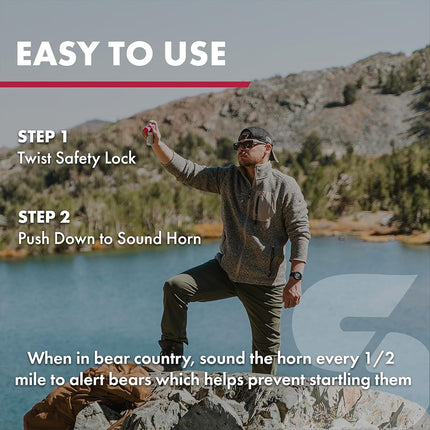 SABRE Frontiersman Bear Horn, 130dB Audible up to 1.8 km, Non-flammable and Eco-Friendly, On/Off Lock Prevents False Alarms, 60 ¼ Second Explosions, Bear Spray Companion, Designed and