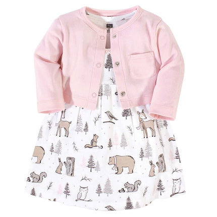 Hudson Baby Baby Girls' Cotton Dress and Cardigan Set, Winter Forest, 3T