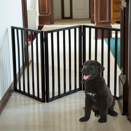 Pet Gate - 3-Panel Indoor Foldable Dog Fence for Stairs, Hallways, or Doorways - 54x24-Inch Wood Freestanding Dog Gates by PETMAKER (Black)