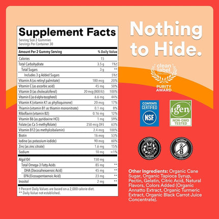 SmartyPants Kids Multivitamin Gummies - Improved Formula: Omega 3 (DHA/EPA), Vitamins D3, C, B12, B6, Vitamin A, K & Zinc, Gluten Free, Three Fruit Flavors, 60 Count (30 Day Supply)