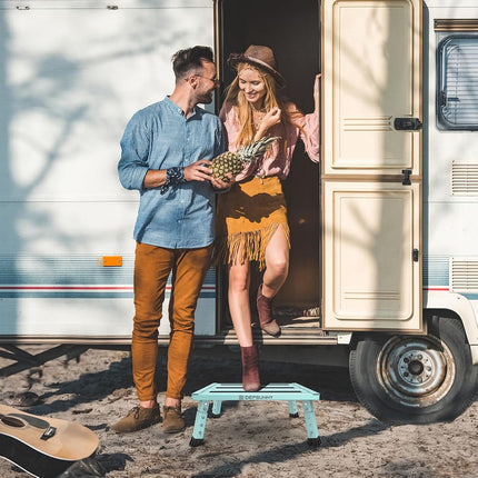 DEPSUNNY Adjustable Height Aluminum RV Step, Stable Foldable Platform Step Stool, Supports Up to 1,000 lb, Non-Slip Rubber Feet and Platform Mat, Easy to Carry (Seafoam Green)